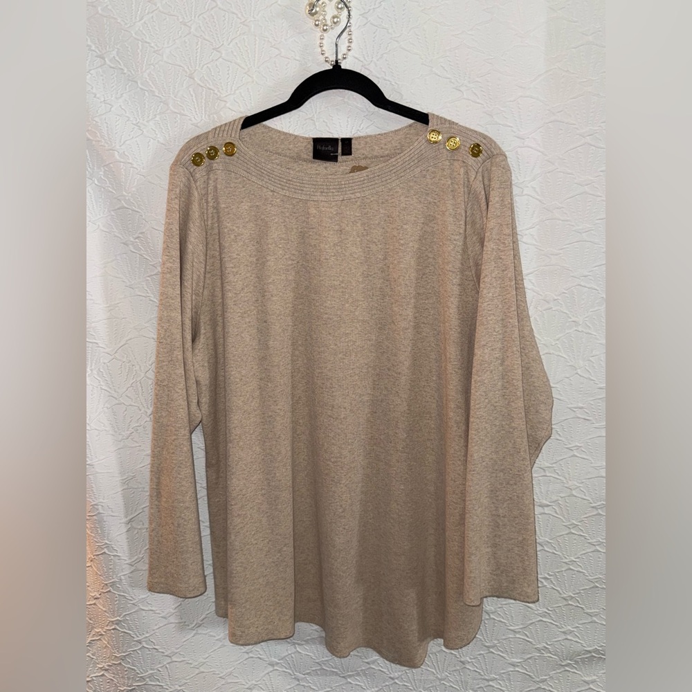 PRICE ⬇️ Rafaella Taupe Beige Knit Top with Gold Shoulder Buttons